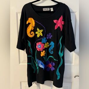 90’s Tunic Colorful Sea Life Tropical Embroidered Beaded Appliqué Grannycore 1X